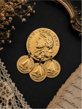 Vintage AXCESS Gold Tone Roman Coin Dangle Brooch – Emperor & Sailboat Charm Pin